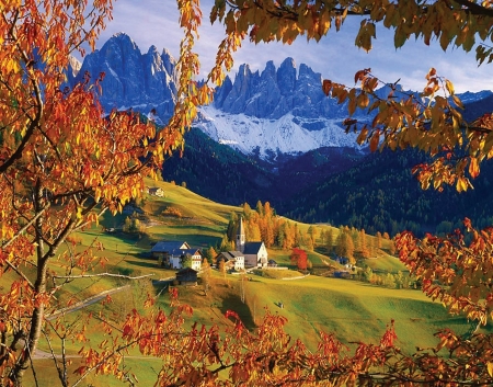 The Dolomites in Autumn - village, trees, colors, italy, leaves