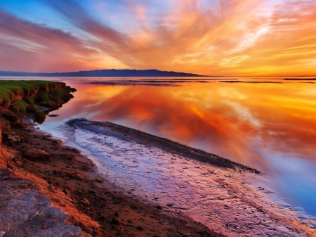 Beach Reflection - nature, sky, beach, reflection, water, orange, sea, lights