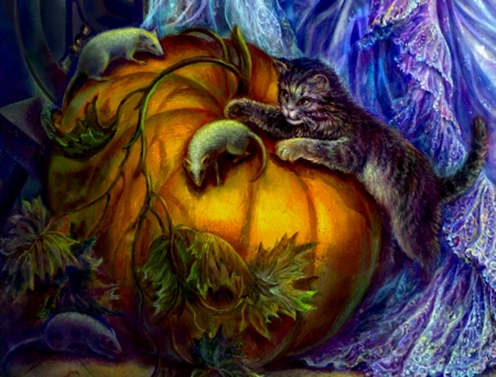 Pumpkin Mice And Kitten - abstract, pumpkin, fantasy, mice, kitten