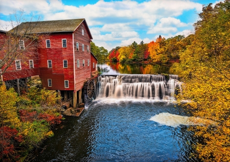 The Dells mill in Augusta, Wisconsin - cascades, water, beautiful, mill, forest, fall, colorful, river, autumn, foliage