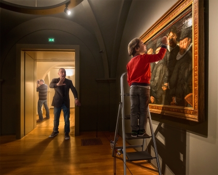 A son's help - son, child, copil, funny, creative, museum, father, situation, adrian sommeling