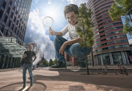 Ouch! - street, building, funny, child, copil, creative, giant, situation, adrian sommeling, boy, city