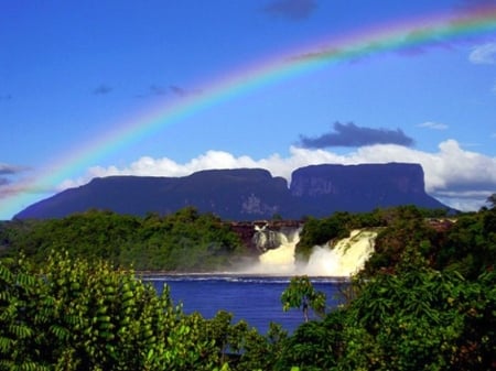 Rainbow Waterfall - river, trees, nature, waterfall, rainbow, forest, sky