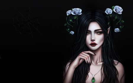 Elf girl - elf, girl, frumusete, black, fantasy, face, art, dark, luminos, flower