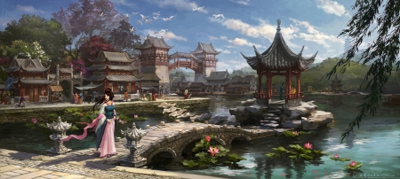 Oriental palace - fantasy, pink, temple, city, girl, asian, hitch mao, art