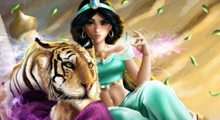 Jasmine and Rajah - princess, rajah, jasmine, girl, ingrid brasil, fantasy, fanart, pink, blue, luminos, disney, tiger