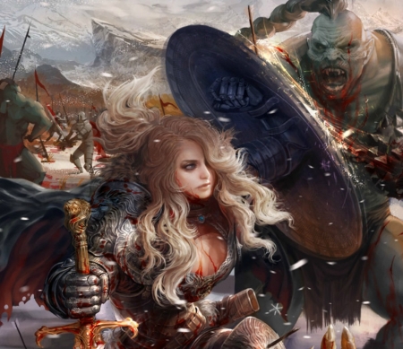 Warrior girl - shield, game, legend of the cryptids, battle, girl, art, warrior, fantasy, luminos