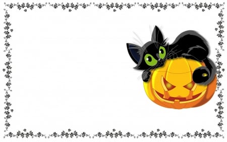 Happy Halloween! - black, white, pisica, funny, halloween, card, pumpkin, cat