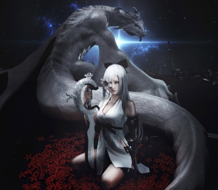 Dragon lady - white, fantasy, black, li shan, dragon, luminos, girl, blue