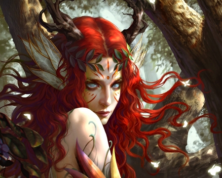 Fantasy girl - face, forest, chome, fantasy, c home, poison ivy, girl, redhead