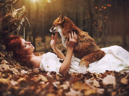 Be my Friend - woman, leaf, autumn, animals