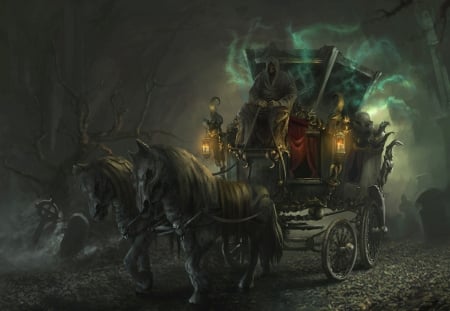 The Dark Side - Halloween - ghost, coach, horses, painting, artwork, night