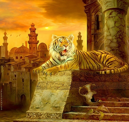 The Empire - sky, art, burning, city, towers, buildings, tiger