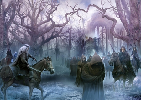 Magicans Gambit - trees, horses, art, warriors, dark