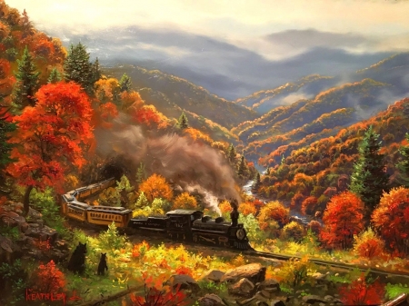 Train at the River - smoky mountain, attractions in dreams, rivers, paintings, fall season, colorful, trains, autumn, mountains, love four seasons