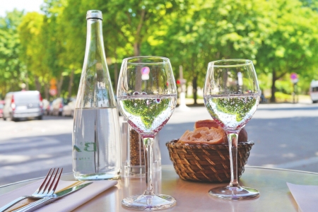 Taking a break - two, trees, glasses, table, bottle