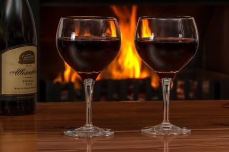 Romantic evening - two, red, table, bottle, wine, fire