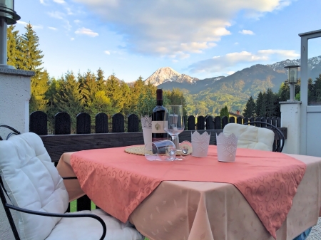 Enjoying the mountain view - nature, two, table, chairs, mountains