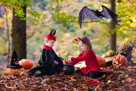 Happy Halloween! - pot, bat, girl, children, pumpkin, copil, horns, boy, witch, costume, halloween, demon