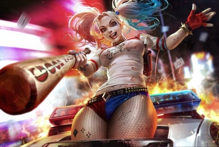 Harley Quinn - derrick chew, girl, luminos, pink, comics, blue, harley quinn, fantasy