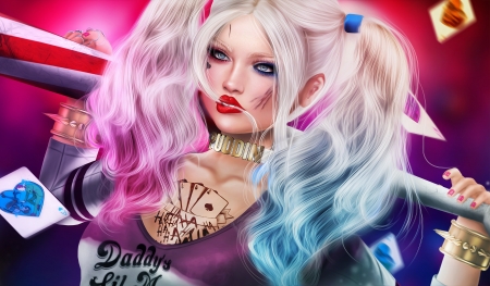 Harley Quinn - face, fantasy, pink, comics, harley quinn, luminos, girl, blue