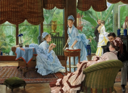 In the Conservatory - blue, girl, pictura, white, green, painting, woman, james tissot, art, in the conservatory