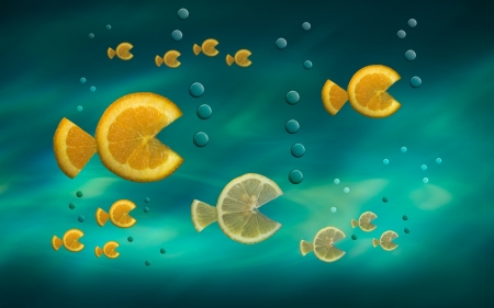 Fish in the sea - water, summer, fantasy, creative, fruit, lemon, yellow, blue, luminos, fish, orange, sea