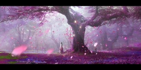 Serenity - pink, spring, sakura, wu xin, serenity, deer, girl, frumusete, art, fantasy, petals, tree, luminos