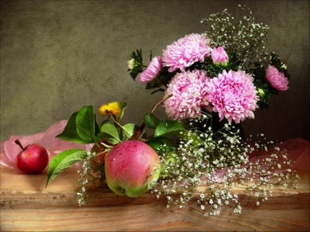 Autumn Still Life - flowers, apples, autumn, red, ripe, fruits, pink, still life