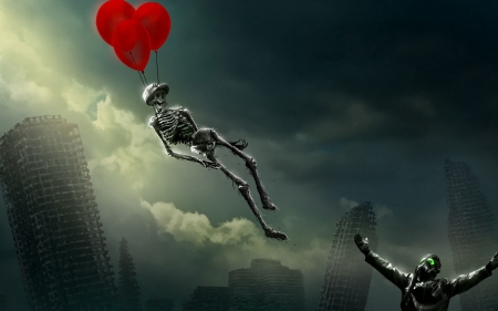 freedom - skeleton, balloons, freedom, sky