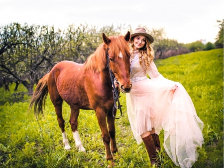 Walk With A Friend . . - style, girls, western, women, models, hats, ranch, outdoors, horses, cowgirl, fun, female, boots, blondes