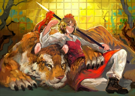 Toramaru Shou - red, tiger, cat, yellow, anime, girl, manga, art, toramaru shou, pisica, onion, tigru