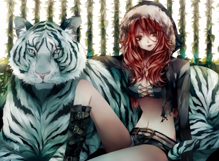 Girl and tiger - tigru tiger, anime, redhead, tsukioka tsukiho, blue, manga