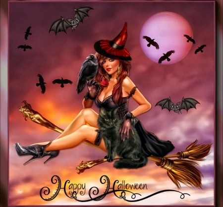 HAPPY HALLOWEEN - MOON, BROOM, CAT, BATS, FEMALE, WITCH, HALLOWEEN, BIRD