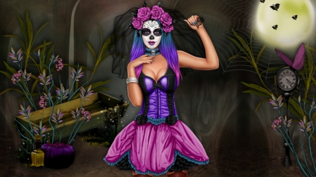 READY FOR HALLOWEEN - MAKE-UP, MOON, DRESS, FEMALE, HALLOWEEN, FLOWERS