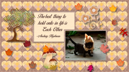 Hold On - quilt, cats, text, hearts, leaves