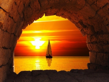 Sunset - sunset, sea, sun, sailboat