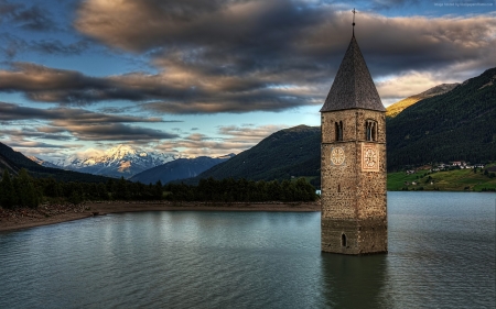 Lake Resia,Italy - clouds, nature, lake, mountain, sky