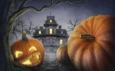 Happy Halloween - house, pumpkins, lights, artwork, night, scary