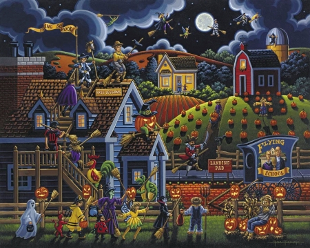 Flying School - moon, ghost, pumpkins, artwork, witch, lights, halloween, 3d, houses