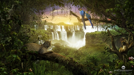 Waterfall - leopard, animal, bird, parrot, waterfall, pisica, monkey, fantasy, pasare, desktopography, jungle, green