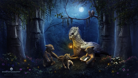 Moonlight - moon, deskptopography, bear, night, fantasy, wesley desouza, pasare, wolf, lantern, blue, animal, owl, luna