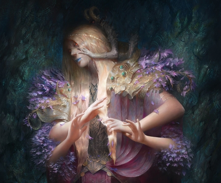 Mother of the abyss - blue, alvaro estrada, flower, pink, fantasy, abyss, hand, mother, art, luminos