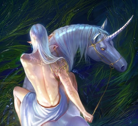 Unicorn rider - rider, blue, man, horse, elf, fantasy, green, unicorn, art, luminos