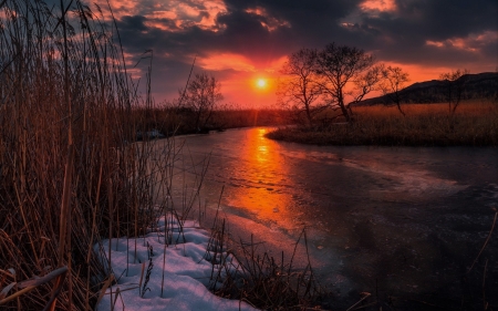 River Sunset in Early Winter - sky, reflection, snow, clouds, colors