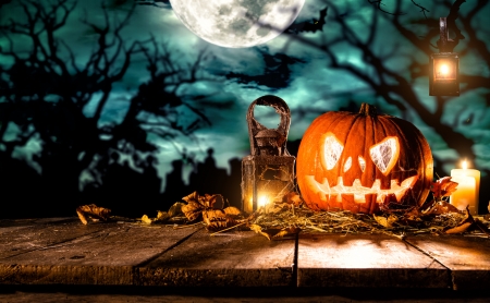 Halloween still life - autumn, scary, trees, pumpkin, night, darkness, still life, halloween, forest, lantern, october, leaves, bat, smile, fear