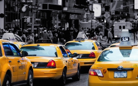 Cabs - abstract, yellow, photography, road, traffic, street, transport, bw, taxi, new york