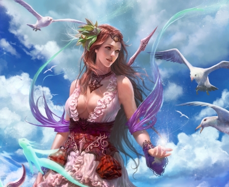 Goddess - cloud, pink, bird, girl, blue, goddess, sky, fantasy, pasare, luminos