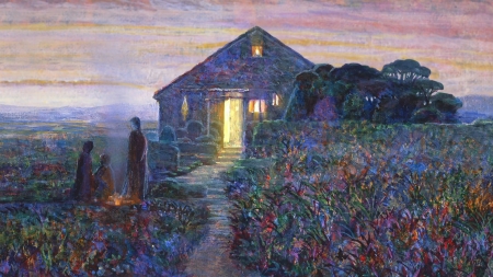 Evening - house, people, blue, evening, flower, fantasy, garden, naohisa inoue, art, luminos