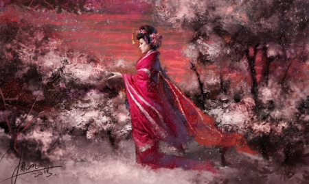 Snow Geisha - snow geisha, iarna, winter, frumusete, fantasy, asian, art, jason chen, red, luminos, kimono